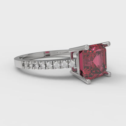 2.7 cttw Simulated Pink Tourmaline Solitaire with Zirconia Simulated Diamond Accents Engagement Ring - Solid White Gold (VVS1, Asscher Cut,6.5mm)