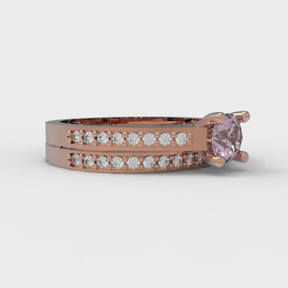 0.86 cttw Round Cut Simulated Pink Diamond Bridal Set - Solid Rose Gold Engagement Ring & Wedding Band