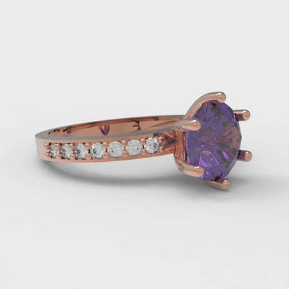 1.71 cttw Natural Amethyst Solitaire with Zirconia Simulated Diamond Accents Engagement Ring - Solid Gold (Round Cut,7.5mm)