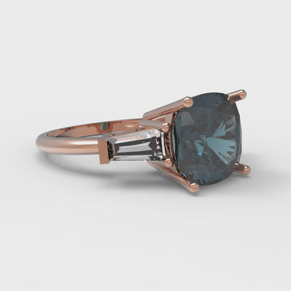 3 cttw Natural London Blue Topaz Three-Stone Engagement Ring - Solid Rose Gold (VVS1, Cushion Cut,8.0mm)