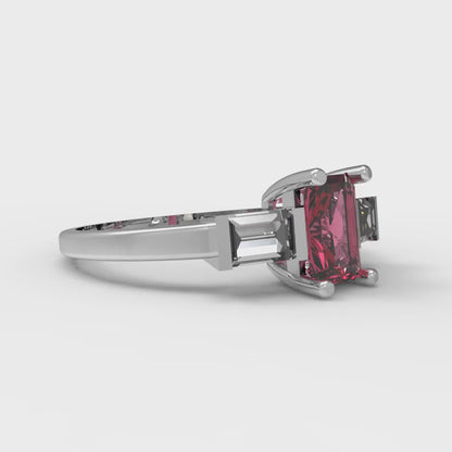 0.8 cttw Natural Garnet Three-Stone Engagement Ring - Solid White Gold (VVS1, Emerald Cut,6x4mm)