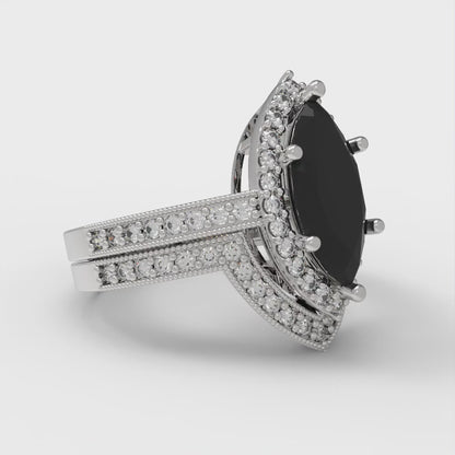 2.4875 cttw Marquise Cut Natural Onyx Bridal Set - Solid White Gold Engagement Ring & Wedding Band