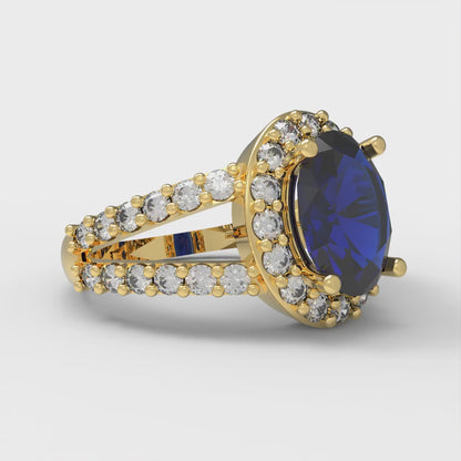 2.6 cttw Simulated Blue Sapphire Hidden Halo Engagement Ring - Solid Gold (Oval Cut,9x7mm)