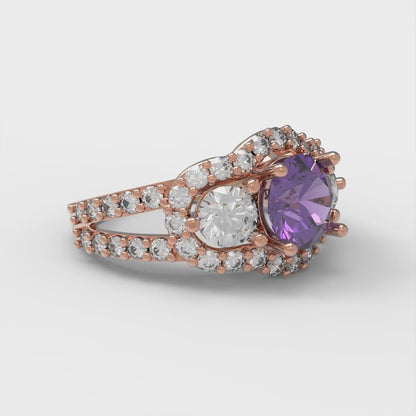 2.16 cttw Natural Amethyst Three-Stone Engagement Ring - Solid Rose Gold (VVS1, Round Cut,6.5mm)