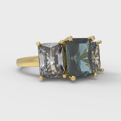 4 cttw Natural London Blue Topaz Three-Stone Engagement Ring - Solid Gold (Emerald Cut,8x6mm)