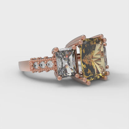 4.27 cttw Zirconia Simulated Yellow Diamond Three-Stone Engagement Ring - Solid Gold (VVS1, Emerald Cut,9x7mm)