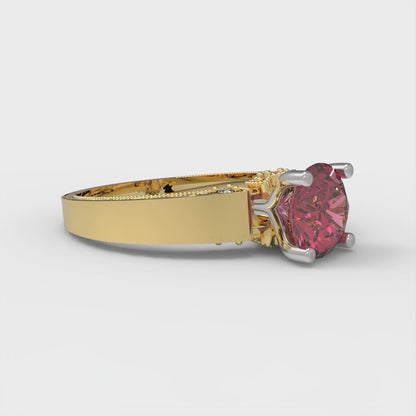 1.06 cttw Simulated Pink Tourmaline Solitaire  Engagement Ring - Solid Yellow/White Gold (VVS1, Round Cut,6.5mm)