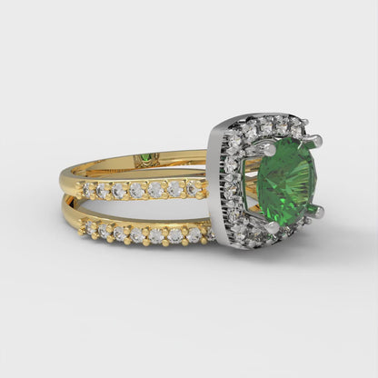 1.495 cttw Round Cut Simulated Emerald Bridal Set - Solid Yellow/White Gold Engagement Ring & Wedding Band