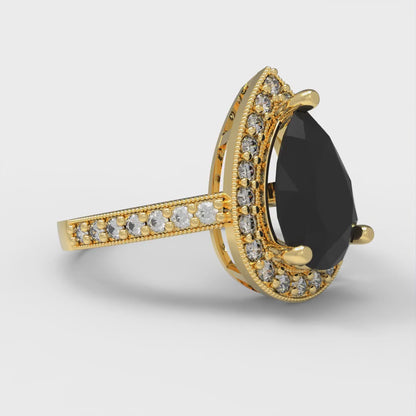 2.36 cttw Natural Onyx Hidden Halo Engagement Ring - Solid Gold (Pear Cut,10x7mm)