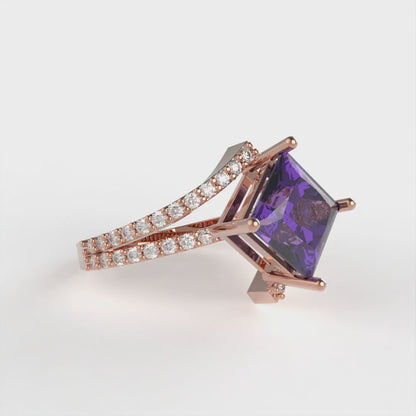 2.3075 cttw Natural Amethyst Solitaire with Zirconia Simulated Diamond Accents Engagement Ring - Solid Rose Gold (VVS1, Princess Cut,7.0mm)