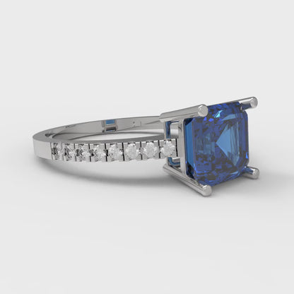 2.7 cttw Simulated Tanzanite Solitaire with Zirconia Simulated Diamond Accents Engagement Ring - Solid White Gold (VVS1, Asscher Cut,6.5mm)