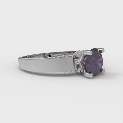 1.06 cttw Natural Amethyst Solitaire with Zirconia Simulated Diamond Accents Engagement Ring - Solid White Gold (VVS1, Round Cut,6.5mm)