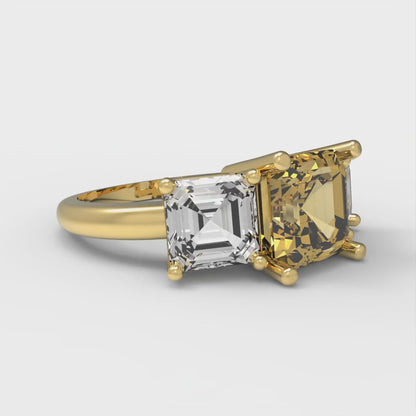 4 cttw Zirconia Simulated Yellow Diamond Three-Stone Engagement Ring - Solid Yellow Gold (VVS1, Square Emerald Cut,7.0X7.0mm)