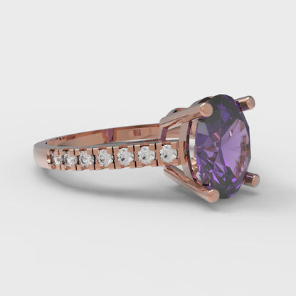 2.21 cttw Natural Amethyst Solitaire with Zirconia Simulated Diamond Accents Engagement Ring - Solid Rose Gold (VVS1, Oval Cut,9X7mm)