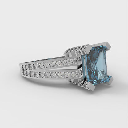 2.35 cttw Natural Swiss Blue Topaz Solitaire with Zirconia Simulated Diamond Accents Engagement Ring - Solid Gold (Emerald Cut,8x6mm)