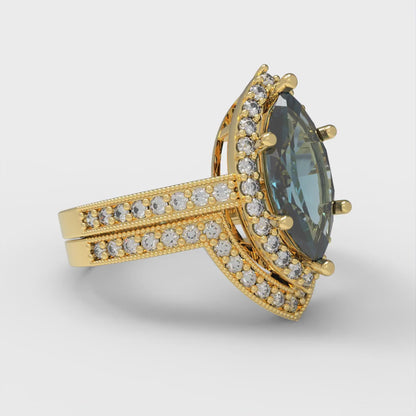 2.4875 cttw Marquise Cut Natural London Blue Topaz Bridal Set - Solid Yellow Gold Engagement Ring & Wedding Band