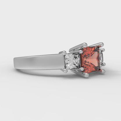 1.11 cttw Zirconia Simulated Red Diamond Three-Stone Engagement Ring - Solid White Gold (VVS1, Princess Cut,5.0mm)