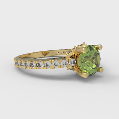 1.465 cttw Natural Peridot Solitaire with Zirconia Simulated Diamond Accents Engagement Ring - Solid Yellow Gold (VVS1, Round Cut,6.5mm)