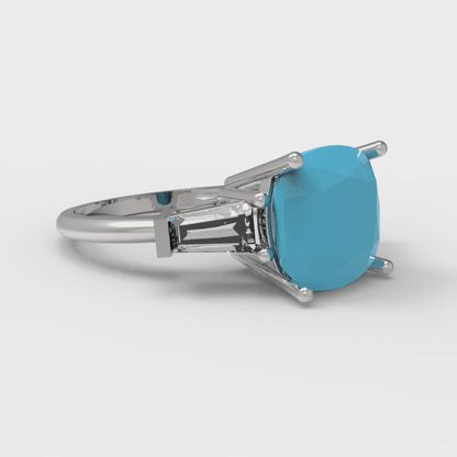 3 cttw Simulated Turquoise Three-Stone Engagement Ring - Solid Gold (Cushion Cut,8.0mm)