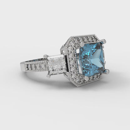 3.005 cttw Natural Aquamarine Three-Stone Engagement Ring - Solid White Gold (VVS1, Princess Cut,7.0mm)