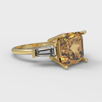 3 cttw Zirconia Simulated Champagne Diamond Three-Stone Engagement Ring - Solid Gold (VVS1, Asscher Cut,8.0mm)