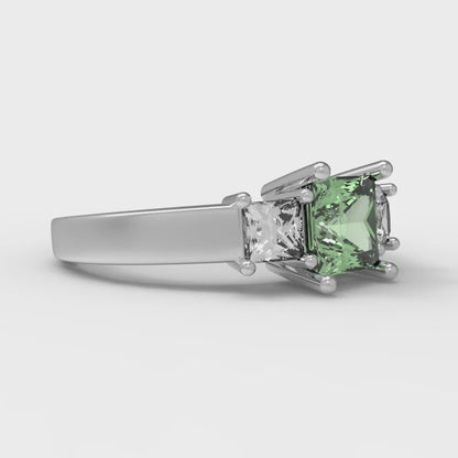1.11 cttw Zirconia Simulated Green Diamond Three-Stone Engagement Ring - Solid White Gold (VVS1, Princess Cut,5.0mm)