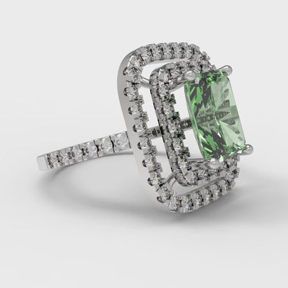 2.62 cttw Zirconia Simulated Green Diamond Hidden Halo Engagement Ring - Solid White Gold (VVS1, Emerald Cut,8X6.0mm)