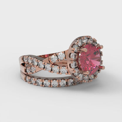 1.795 cttw Round Cut Simulated Pink Tourmaline Bridal Set - Solid Rose Gold Engagement Ring & Wedding Band