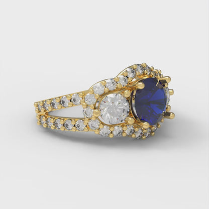 2.16 cttw Simulated Blue Sapphire Three-Stone Engagement Ring - Solid Gold (Round Cut,6.5mm)