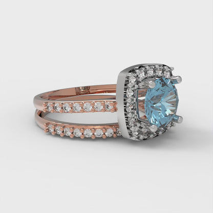 1.495 cttw Round Cut Natural Swiss Blue Topaz Bridal Set - Solid Rose/White Gold Engagement Ring & Wedding Band