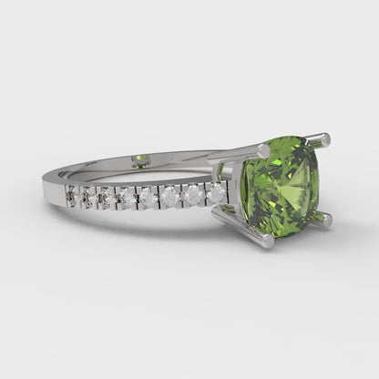 2.7 cttw Natural Peridot Solitaire with Zirconia Simulated Diamond Accents Engagement Ring - Solid Gold (Cushion Cut,6.5mm)