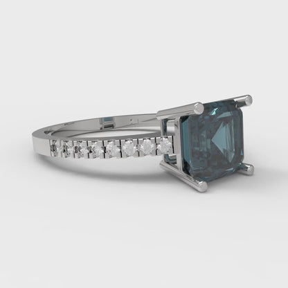2.7 cttw Natural London Blue Topaz Solitaire with Zirconia Simulated Diamond Accents Engagement Ring - Solid White Gold (VVS1, Asscher Cut,6.5mm)