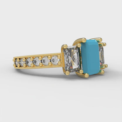 1.88 cttw Simulated Turquoise Three-Stone Engagement Ring - Solid Gold (Emerald Cut,7x5mm)