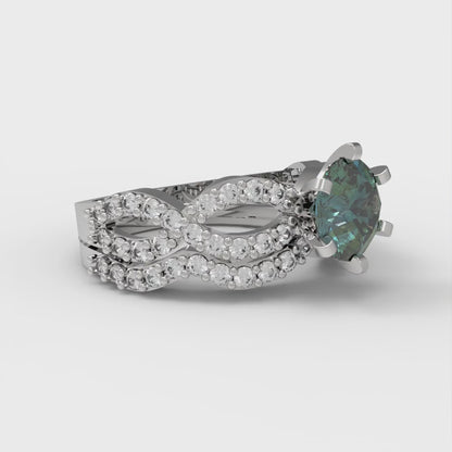 1.57 cttw Round Cut Blue Moissanite Bridal Set - Solid White Gold  Engagement Ring & Wedding Band