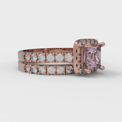 1.56 cttw Princess Cut Simulated Pink Diamond Bridal Set - Solid Rose Gold Engagement Ring & Wedding Band