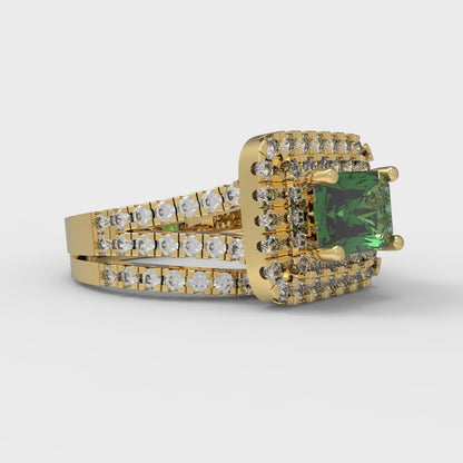 3.05 cttw Emerald Cut Simulated Emerald Bridal Set - Solid Yellow Gold Engagement Ring & Wedding Band