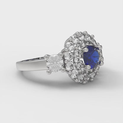 1.4 cttw Simulated Blue Sapphire Hidden Halo Engagement Ring - Solid Gold (Round Cut,5.0mm)