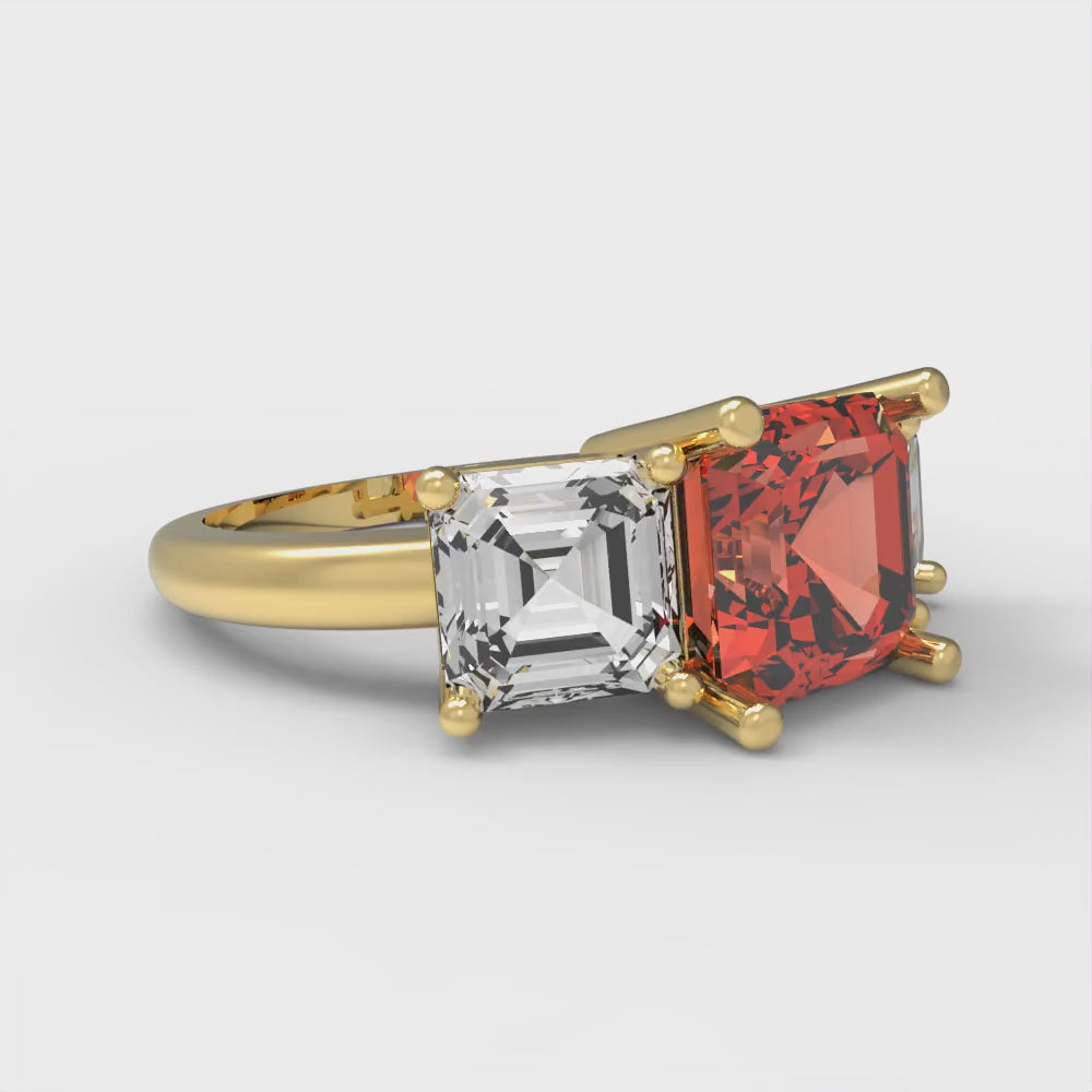 4 cttw Zirconia Simulated Red Diamond Three-Stone Engagement Ring - Solid Gold (VVS1, Square Emerald Cut,7.0X7.0mm)