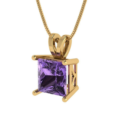 2 ct Brilliant Princess Cut Solitaire Designer Genuine Flawless Simulated Alexandrite 14K 18K Yellow Gold Pendant with 16" Chain