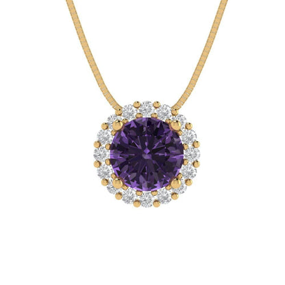 1.3 ct Brilliant Round Cut Halo Designer Genuine Flawless Simulated Alexandrite 14K 18K Yellow Gold Pendant with 16" Chain