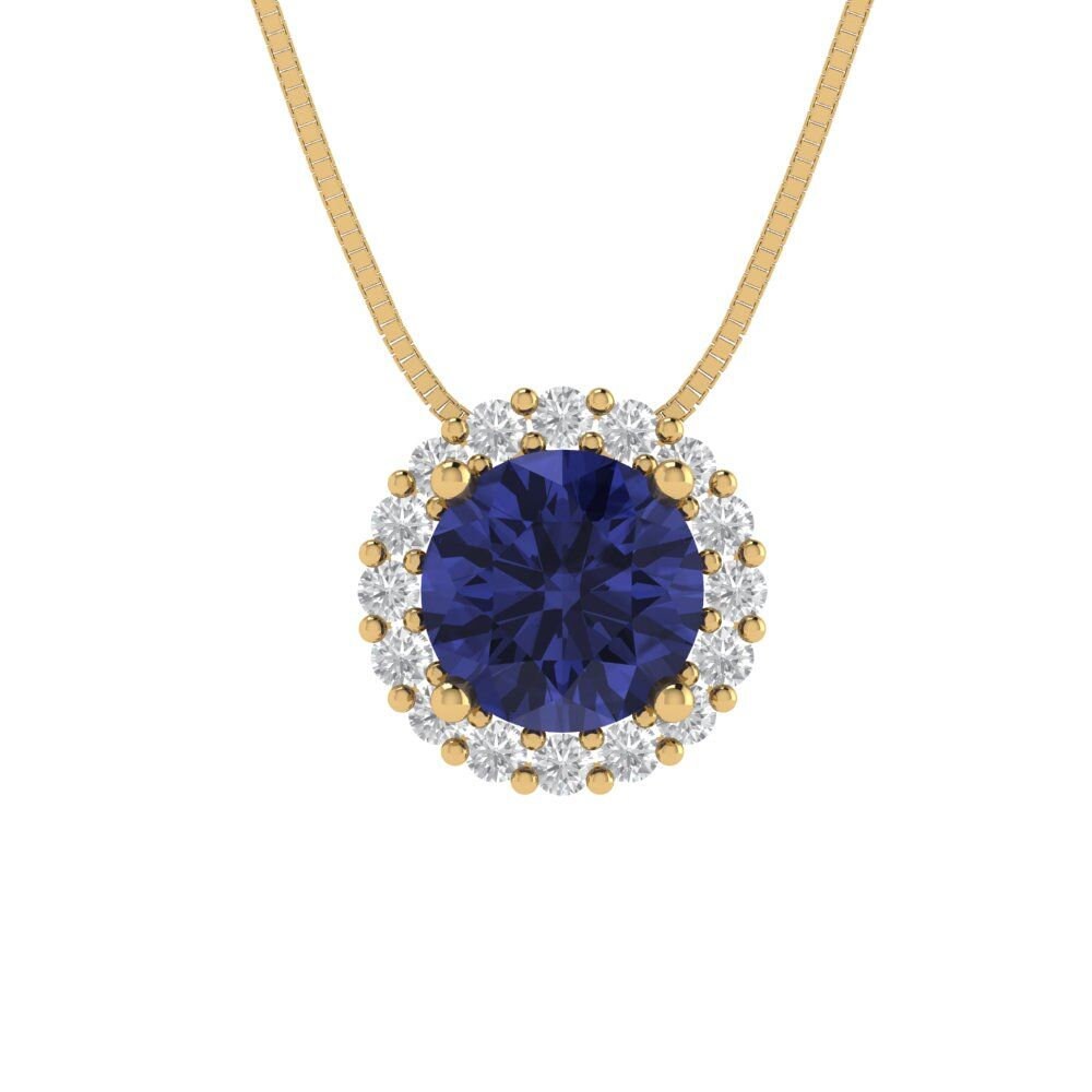 1.3 ct Brilliant Round Cut Halo Designer Genuine Flawless VVS1 Simulated Tanzanite 14K 18K Yellow Gold Pendant with 16" Chain