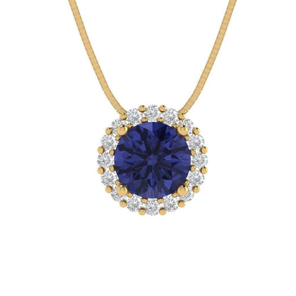 1.3 ct Brilliant Round Cut Halo Designer Genuine Flawless VVS1 Simulated Tanzanite 14K 18K Yellow Gold Pendant with 16" Chain