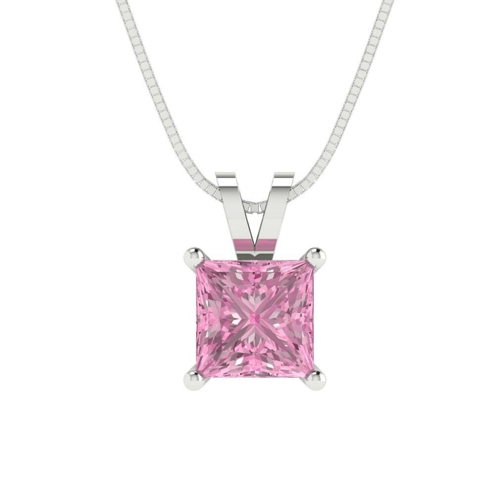 1 ct Brilliant Princess Cut Solitaire Designer Genuine Flawless VVS1 Pink Simulated Diamond 14K 18K White Gold Pendant with 16" Chain