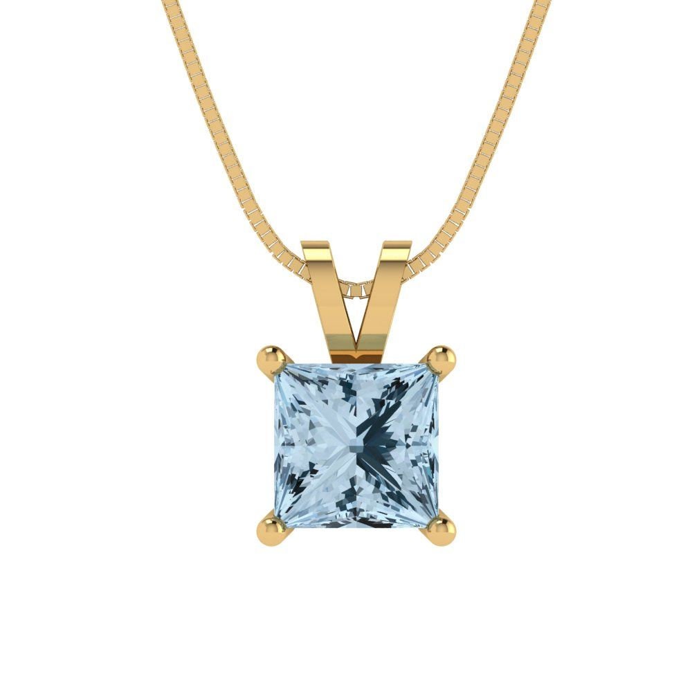 1 ct  Princess Cut Solitaire Designer Genuine Flawless VVS1 Blue Simulated Diamond 14K 18K Yellow Gold Pendant with 16" Chain