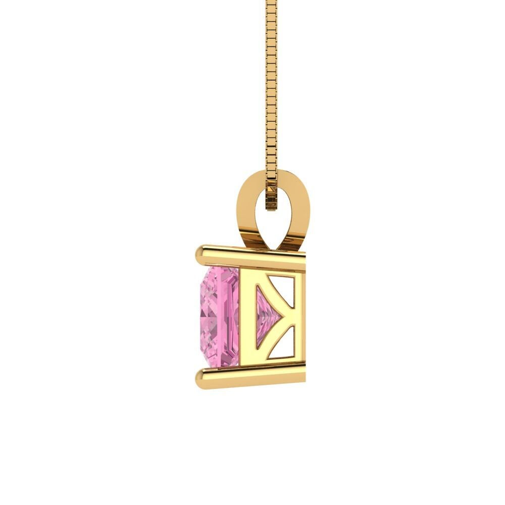 1 ct Brilliant Princess Cut Solitaire Designer Genuine Flawless VVS1 Pink Simulated Diamond 14K 18K Yellow Gold Pendant with 16" Chain