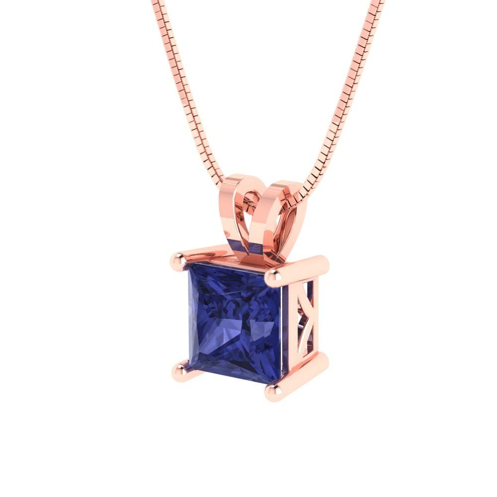 1 ct Brilliant Princess Cut Solitaire Designer Genuine Flawless VVS1 Simulated Tanzanite 14K 18K Rose Gold Pendant with 16" Chain