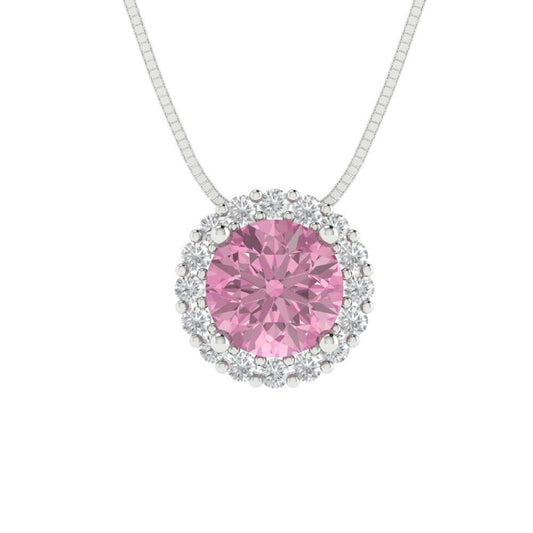 1.3 ct Brilliant Round Cut Halo Designer Genuine Flawless VVS1 Pink Simulated Diamond 14K 18K White Gold Pendant with 16" Chain
