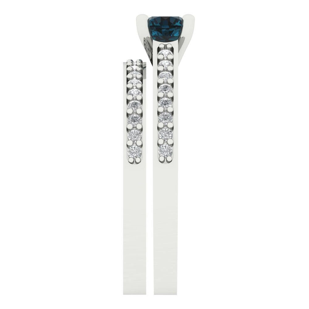 0.86 cttw Round Cut Natural London Blue Topaz Bridal Set - Solid White Gold Engagement Ring & Wedding Band
