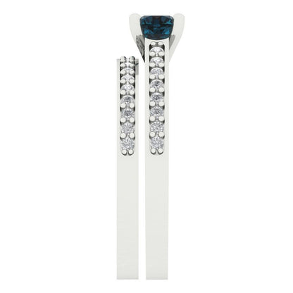0.86 cttw Round Cut Natural London Blue Topaz Bridal Set - Solid White Gold Engagement Ring & Wedding Band