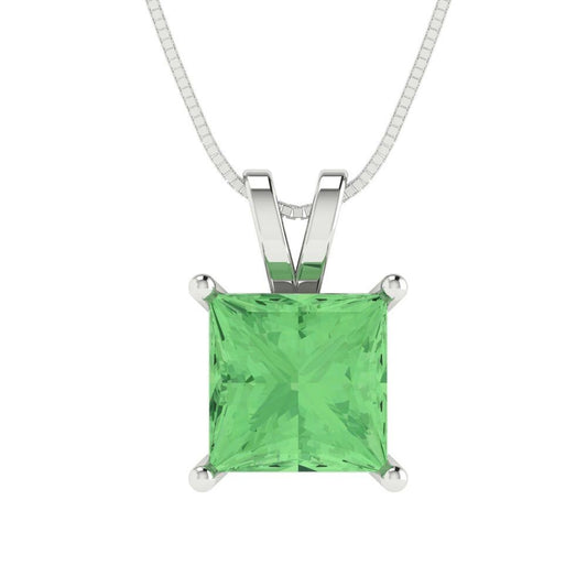 2.50 ct Brilliant Princess Cut Solitaire Designer Genuine Flawless Green Simulated Diamond 14K 18K  White Gold Pendant with 16" Chain